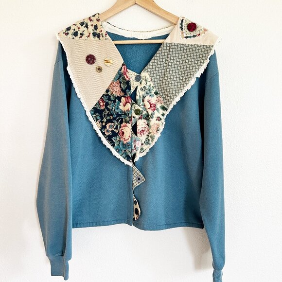 Vintage DIY Grandma Sweatshirt Cardigan M? Blue Shawl Collar Patchwork Button Up - Picture 1 of 10